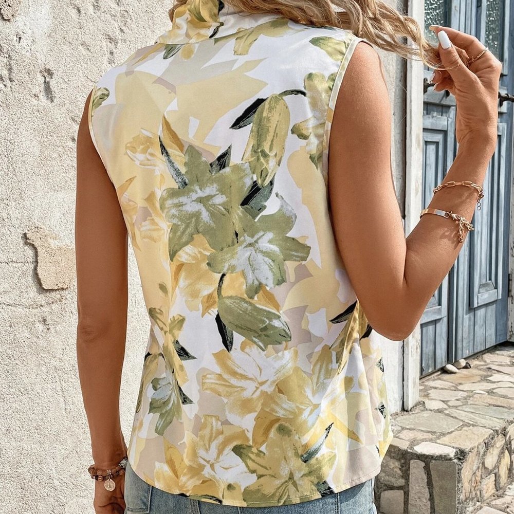Multicolor Boho Womens Floral Print Surplice Neck Sleeveless Blouse - Picture 2 of 5